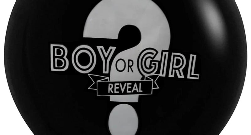 Boy or girl ballon zwart van 36 inch met grijs vraagteken en blauw-gouden confetti voor een gender reveal