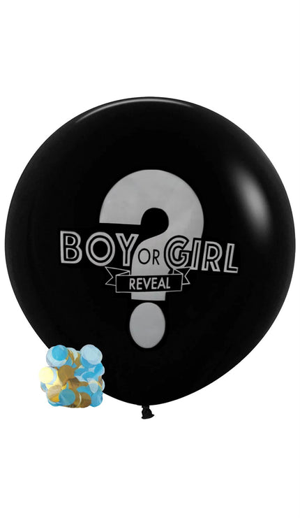 Boy or girl ballon zwart van 36 inch met grijs vraagteken en blauw-gouden confetti voor een gender reveal