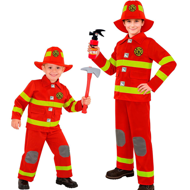 Brandweer kostuum jongens rood met geelgroene banden, jas, broek en hoed voor verkleedfeest