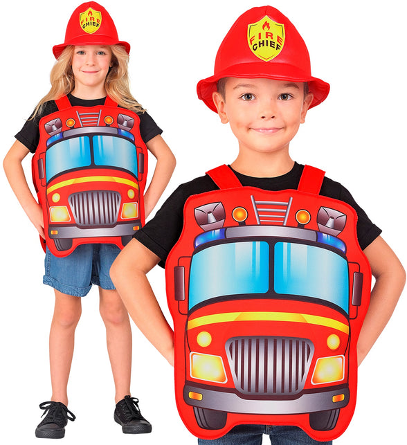 Brandweer pak kind met rode tabard met brandweerwagenprint en helm met Fire Chief-embleem