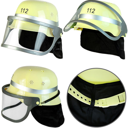 Brandweerhelm kind duits van vier kanten, met detail van het verstelbare kinbandje en zwarte nekflap