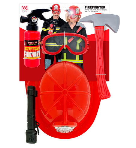 Brandweerhelm met wit embleem, rode bijl en speelgoedbrandblusser uit de brandweer set Patrick