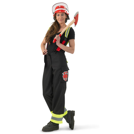 Brandweervrouw broek Franny zwart met neongele reflectiebanden en rode schouderbanden, gedragen voor carnaval