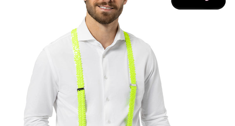 Bretels pailletten neongeel met metalen clips gedragen over een wit overhemd, uv-reactief voor een neon party