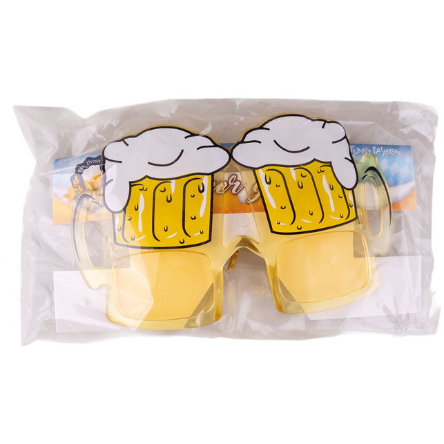 Bril bierglazen van geel PVC in de verpakking van Funny Fashion, feestbril voor Oktoberfest