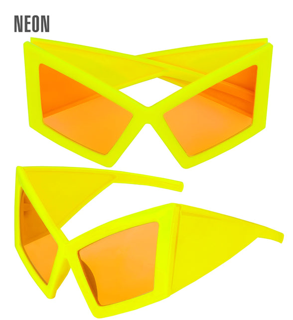 Bril oversized neon geel met oranje glazen, hoekig montuur van voren en van opzij
