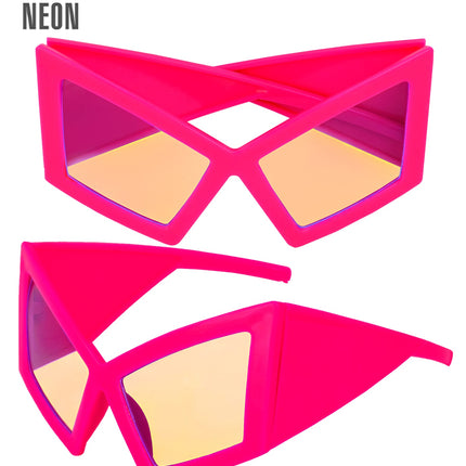 Bril oversized neon roze met hoekig montuur en oranjegele spiegelglazen, voor- en zijaanzicht