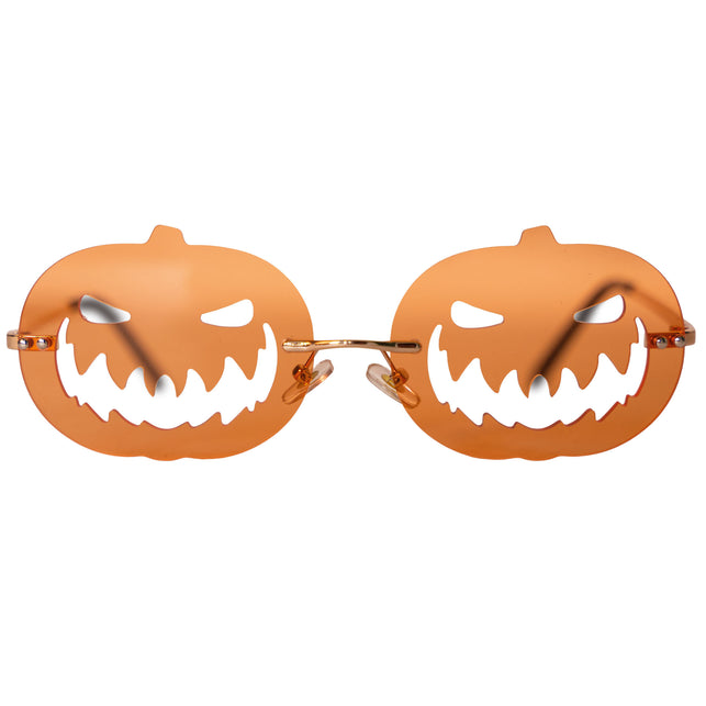 Bril pompoen met oranje glazen in pompoenvorm, uitgesneden grijns en goudkleurig montuur voor Halloween