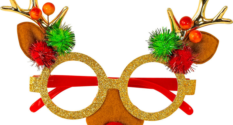 Bril rendier Bente met goudkleurig glittermontuur, gouden hoorntjes en rode pompoenneus voor Kerst