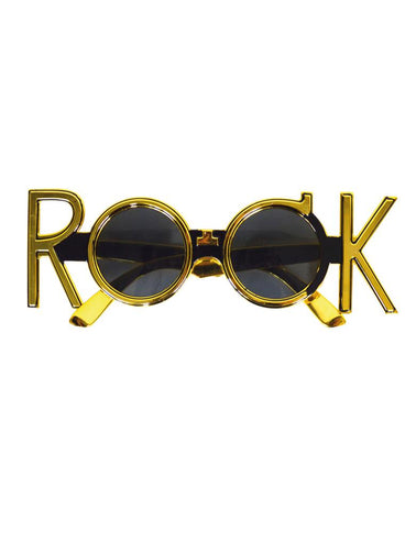 Bril rock goud met ronde donkere glazen en pootjes in de vorm van de letters R en K voor een rockfeest