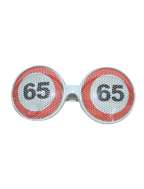 Bril traffic 65 jaar met twee ronde verkeersbordglazen in rood en wit met zwart cijfer 65