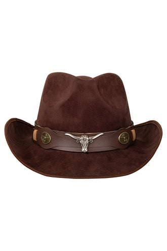 Bruine cowboyhoed vooraanzicht met zilverkleurige stierenkop en bronzen conchos