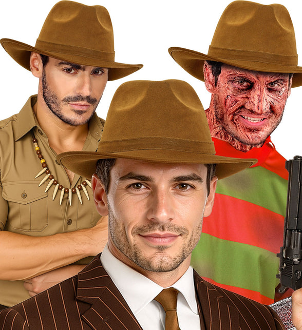 Bruine fedorahoed voor heren in drie looks: gangster, expeditie en horrorfeest