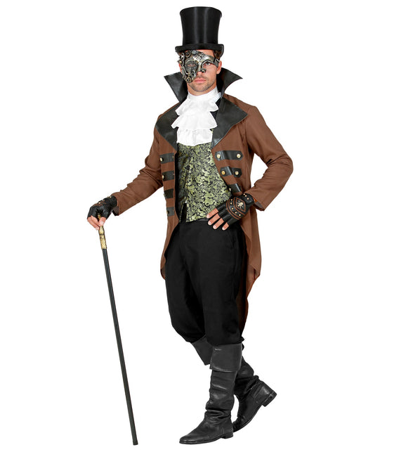 Bruine slipjas van het steampunk pak heren Berry met zwarte bandjes en goudkleurige knopen vooraan