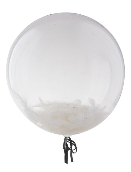 Bubbelballon transparant 18 inch met witte veertjes onderin en zwarte linten aan de knoop