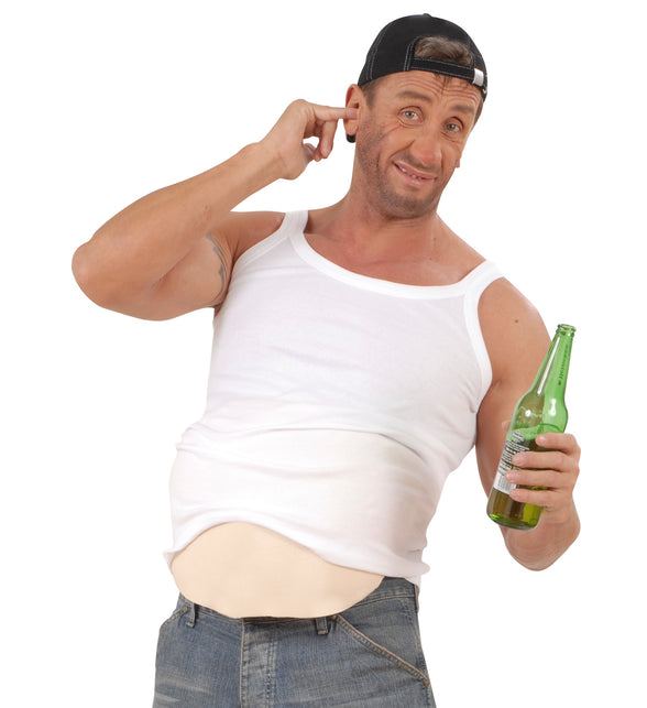Buikvuller onder een wit hemd als bierbuik, voor een foute party