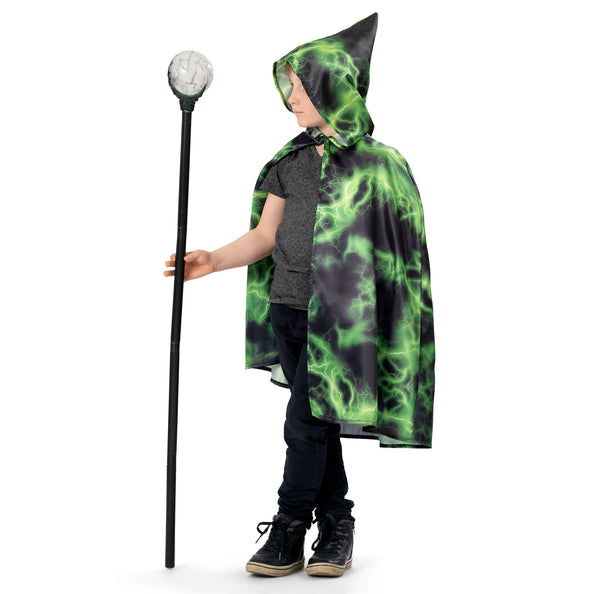 Cape met kap Carlos van opzij, spitse kap over het hoofd voor een tovenaarslook