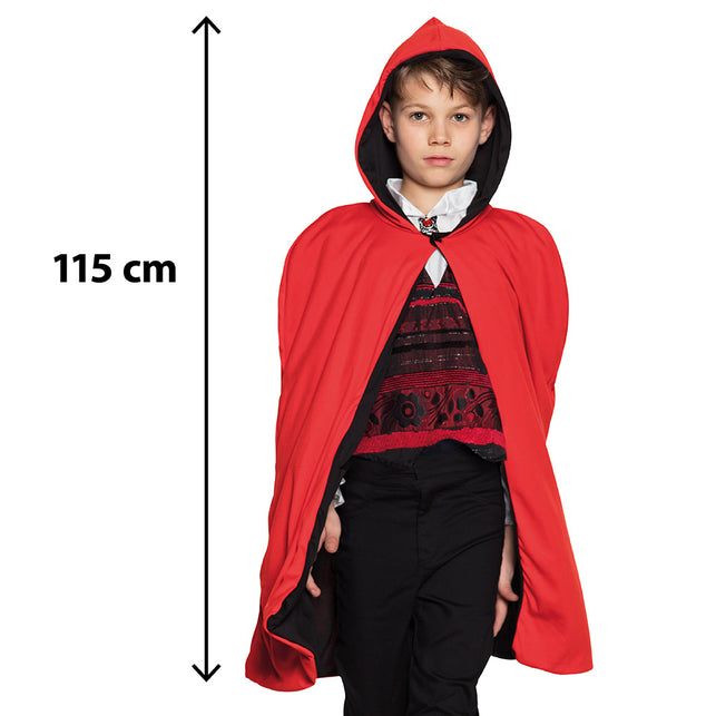 Cape kind Twilight met rode buitenzijde en zwarte kap, lengtemaat 115 cm aangegeven