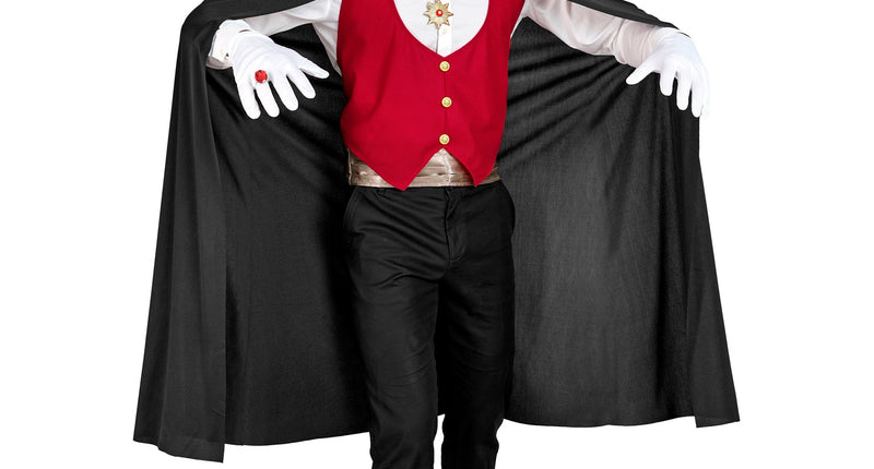 Cape vampier volwassenen zwart met rood gevoerde staande kraag en rood vest, voor Halloween