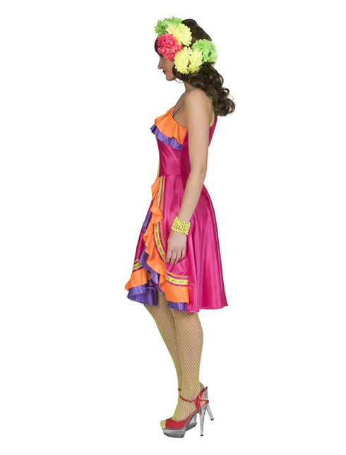 Caribisch pakje Cindy dames zijaanzicht met schuine ruche over de rok en neon sierbanden langs de zoom