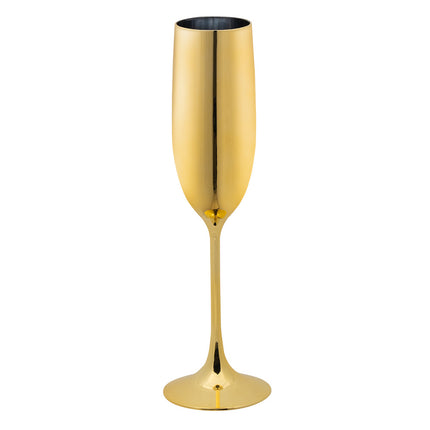 Champagneglas goud van kunststof met slanke kelk, hoge steel en ronde voet, 22,5 cm hoog