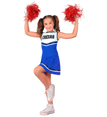 Cheerleader blauw kostuum Maudje kinderen, mouwloze blauwe jurk met wit CHEERS-lijfje, gedragen door meisje voor carnaval