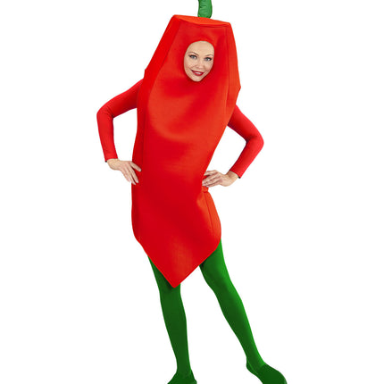 Chilipeper kostuum gedragen door een vrouw, rood peperpak met gebogen groene steel