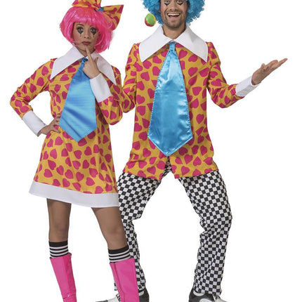 Clown kostuum Ciolina dames met lichtblauwe stropdas en hartjesstrik, gedragen voor een circusfeest