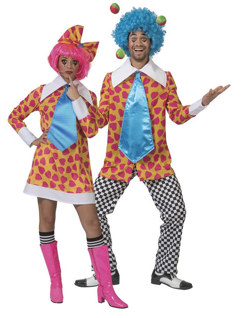 Clown kostuum Ciolina dames met lichtblauwe stropdas en hartjesstrik, gedragen voor een circusfeest