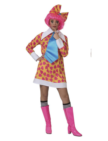 Clown kostuum Ciolina dames, oranje jurk met roze hartjes, witte puntkraag en blauwe stropdas voor carnaval