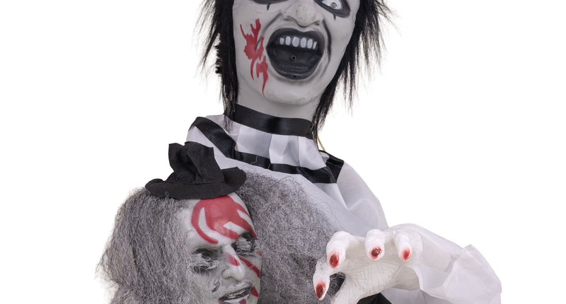 Clown voor op tafel 55 cm animatronic in zwart-wit met afgehakt hoofd voor Halloween