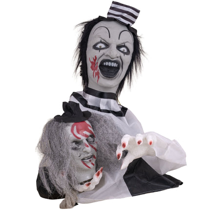 Clown voor op tafel 55 cm animatronic in zwart-wit met afgehakt hoofd voor Halloween