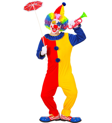 Clownspak kind Duo op jongen: blauwe mouwen, geplooide kraag en twee blauwe pompons op de voorkant