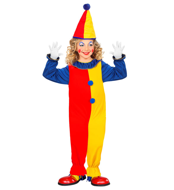 Clownspak kind Duo op meisje, rood-gele jumpsuit met elastieken boorden aan de broekspijpen