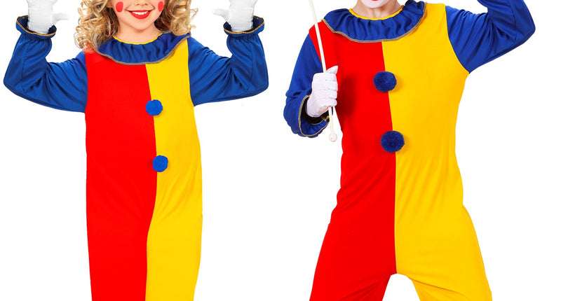 Clownspak kind Duo met rood-gele jumpsuit, blauwe kraag en puntmuts, gedragen door twee kinderen op carnaval