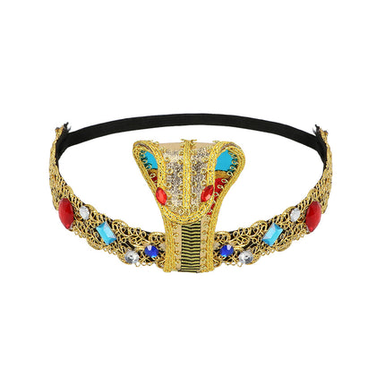 Cobra hoofdband van de Golden Nile set met rode, blauwe en heldere steentjes op goudkleurig kant