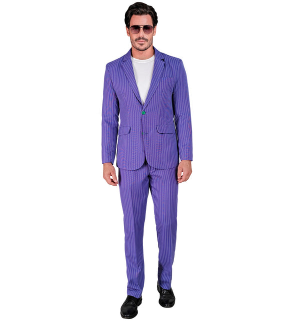 Colbert en broek van het clown suit in paars met dunne lichte streep, vooraanzicht