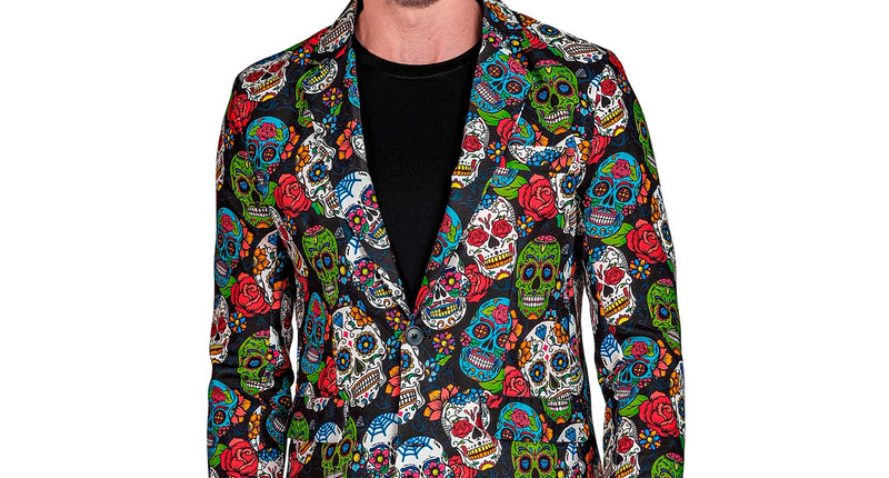 Colbert day of the dead Skully met kleurrijke sugar skulls en rode rozen, voor heren op Halloween