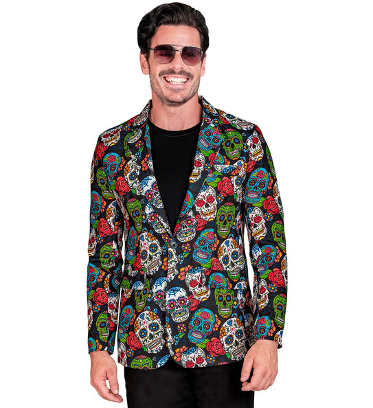 Colbert day of the dead Skully met kleurrijke sugar skulls en rode rozen, voor heren op Halloween