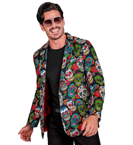 Colbert day of the dead Skully open gedragen, met rode voering zichtbaar aan de binnenkant