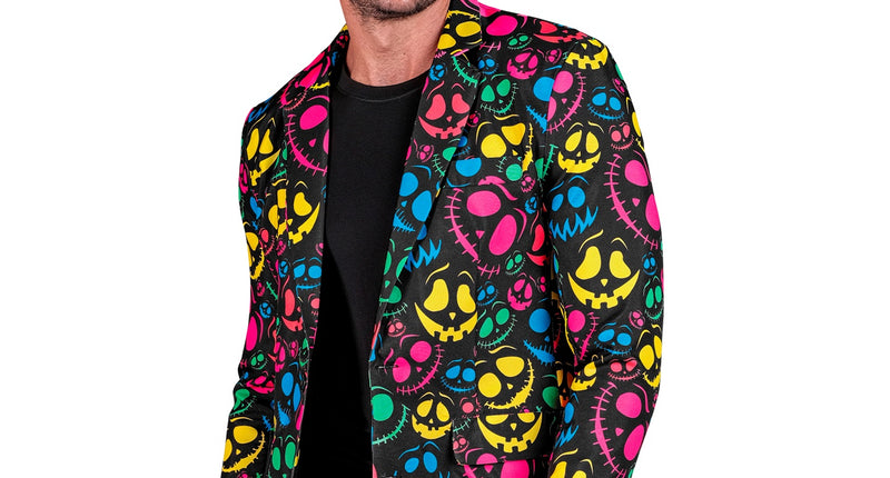 Colbert grappige geesten met neonprint van lachende geesten op zwart, gedragen door heer voor Halloween