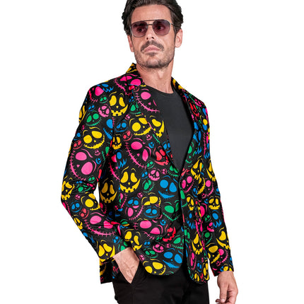 Colbert grappige geesten zijaanzicht met klepzakken en doorlopende neonprint op de mouw