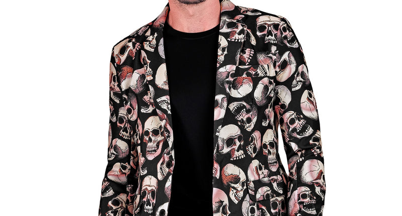 Colbert schedels Happy voor heren, zwart jasje met beige en roze doodskoppenprint