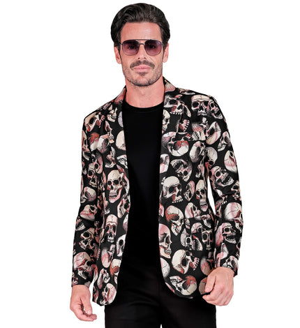 Colbert schedels Happy voor heren, zwart jasje met beige en roze doodskoppenprint