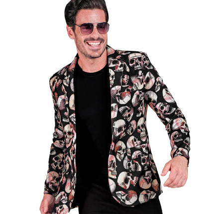 Colbert schedels Happy open gedragen over zwart shirt, schedelprint tot in de mouwen