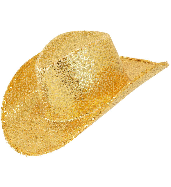 Cowboy hoed pailletten goud met brede omgebogen rand en glanzende gouden pailletten