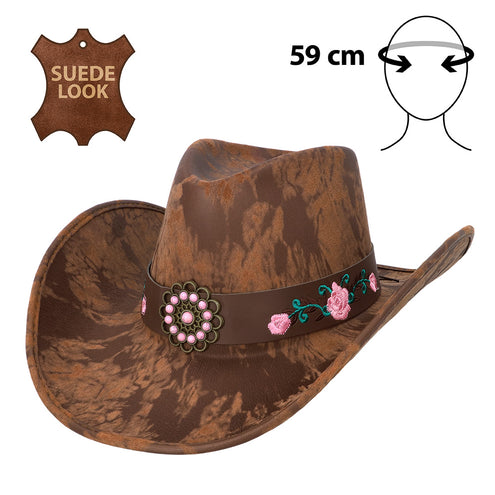 Cowboyhoed Bloom bruin in gevlekte suèdelook met geborduurde roze roosjes en bronskleurige sierschijf