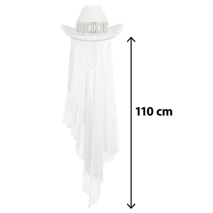 Cowboyhoed Bride gone wild met witte sluier van 110 cm en kinkoord, vooraanzicht