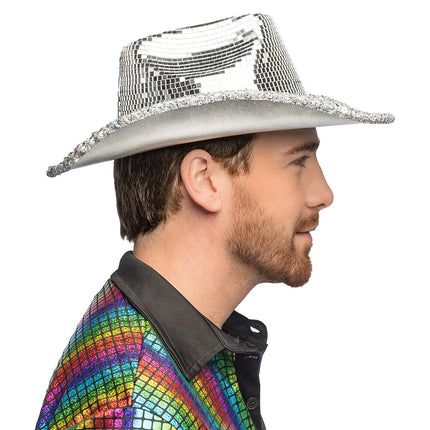 Cowboyhoed Disco vibe zilver van opzij, met spiegelende bol en effen zilvergrijze onderkant van de rand