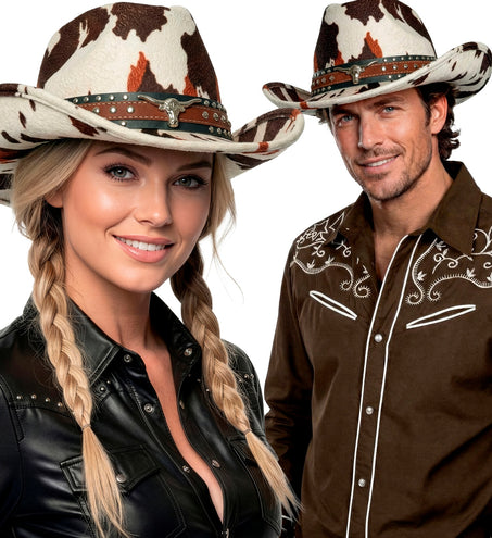 Cowboyhoed koeienprint gedragen door dame en heer bij een westernfeest